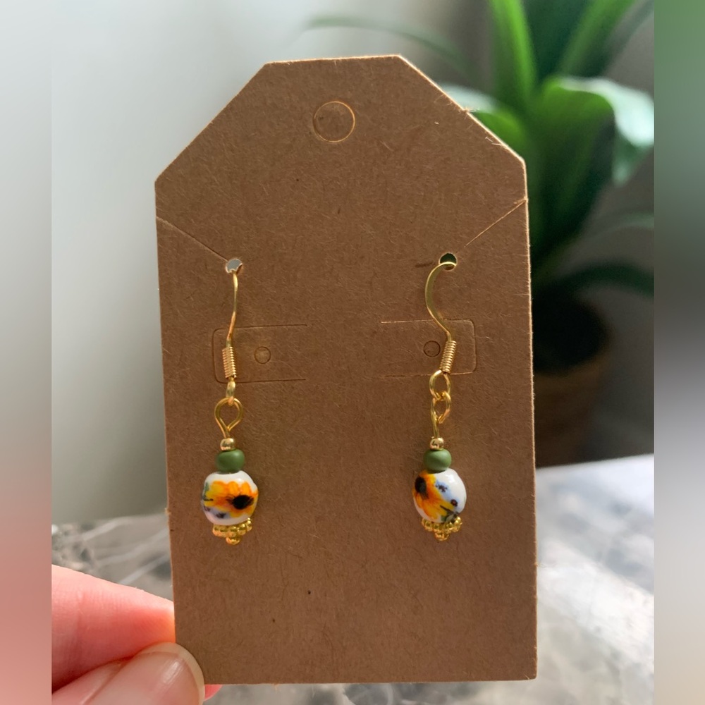 19A. Handcrafted Sunflower Gold and Green Earrings